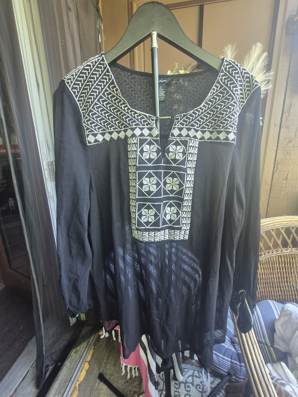 Alfani Black Tunic with White Geometric Embroidery